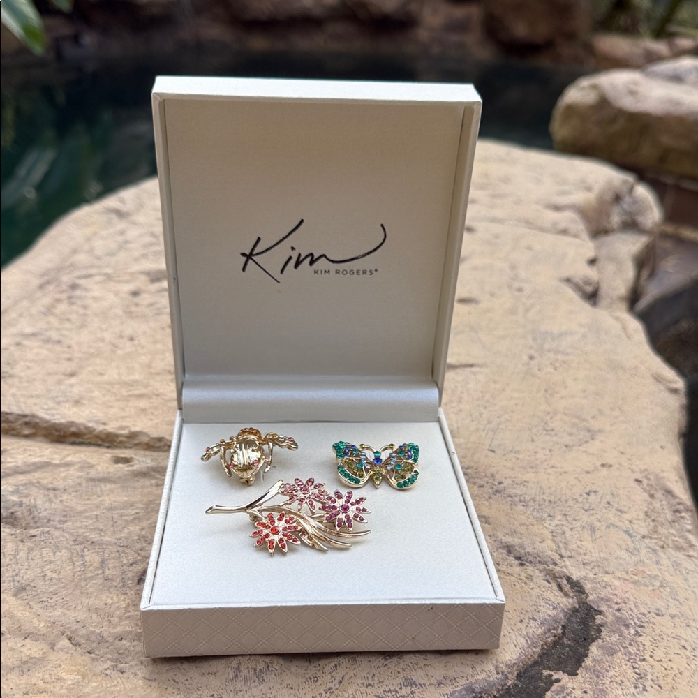 Kim Rogers New IOB Gold and Multicolor Brooch Trio